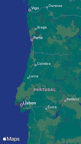 A map of Portugal from Lisbon to Porto